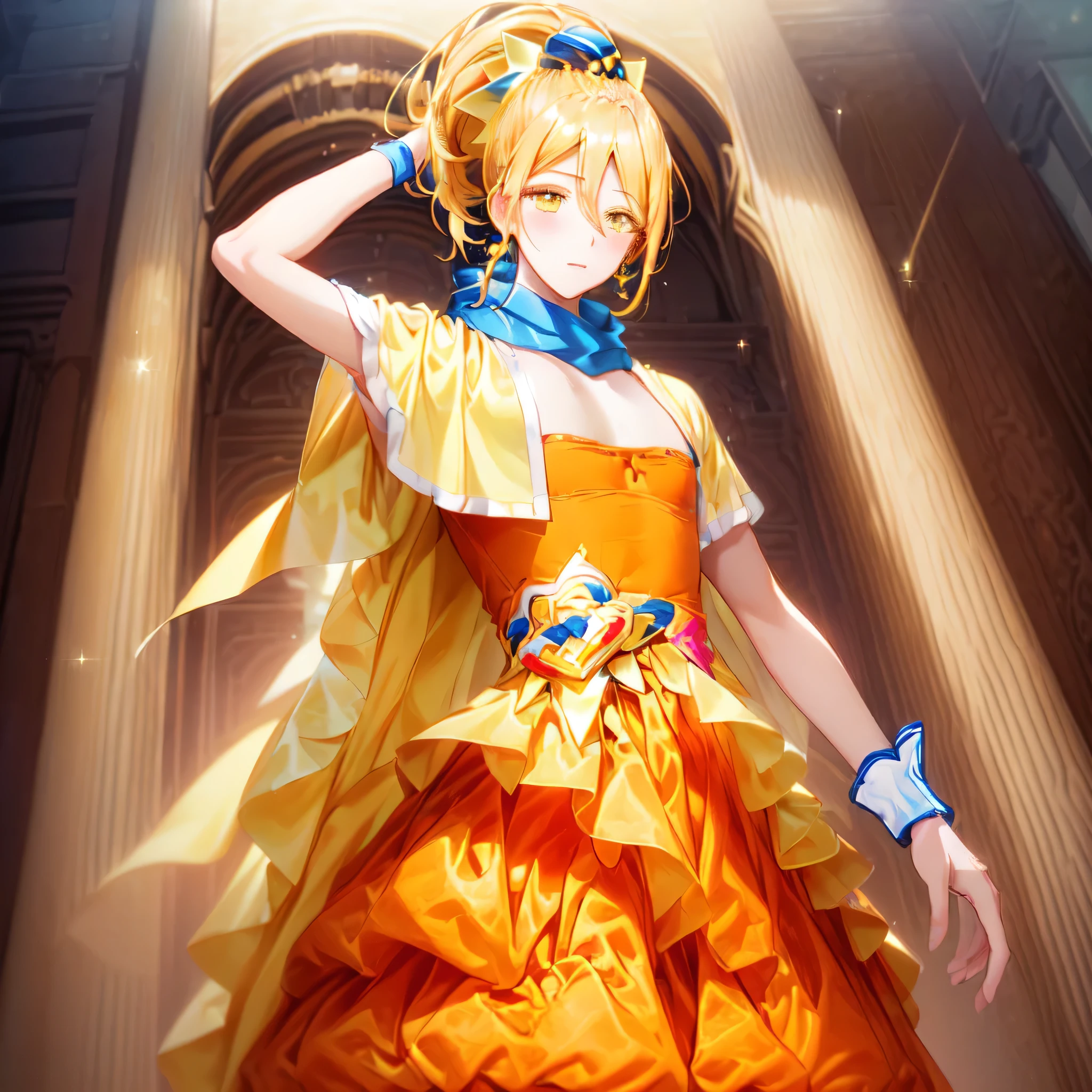 Cartoon drawing of a man in an orange dress and yellow cape、cool、bionde、Golden Aura、solo、Permed ponytail、High Ponytail、Yellow eyed boy、Official Art、Hair betWeen the eyes、yami cool、Dress Up Darling Anime、Blue mini hat、Yellow cardigan、Official character art、High quality artwork、Blue scarf、We、Orange mini skirt、A boy is standing、Anime Best Boy、Orange High Heels、Official Artwork、Bare Arms、Bare thighs、Bare legs、cool anime boy、Also、Sparkling Magical Boy、looking at vieWer、Cowboy Shot、mini skirt arrange costume、perfect body、perfect hands、perfect arms、perfect legale body:1.3)、
