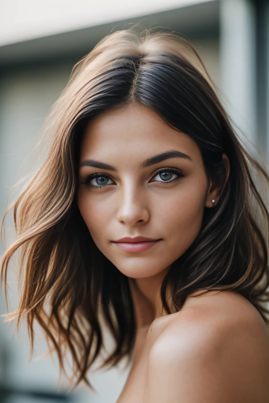 portrait of face and breast, a 28 years old white girl, long brunette hair, (busty), Best quality, Highly detailed face,, corrugated, (woman with dark blue eyes) in an apartment, ((naked)), detailed (textures!, Hair!, brightness, color!, imperfections:1.1), highly detailed bright eyes, (Looking at the camera), specular lighting, digital SLR, ultra quality, sharp focus, sharp, DOF, film grain, (center), Fujifilm XT3, crystal clear, center of frame, Cute face, sharp focus, daylight, (focus on face and breast)