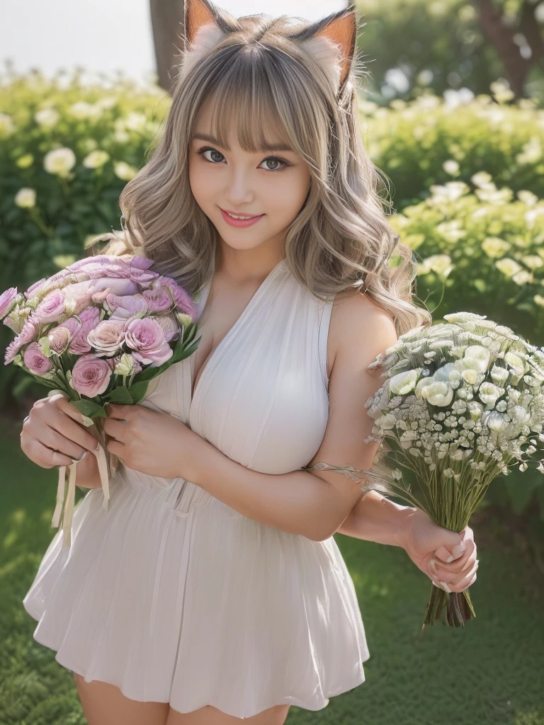 ((((The composition and angle of the girl is subjective from the viewer's perspective)))、（The girl and the viewer are lovers)、
A girl with a face she only shows to people she trusts、(1 Super sexy and super cute super big Japanese girl), brown hair, Great face and eyes, Tanuki face、Big eyes, Drooping eyes、Long and plentiful毛、thick and large  lips,、(wide open chest and high:1.1), Beautiful bigSuper big,  Chest, (Amazingly beautiful girl), brown hair,, (highest quality:1.4), (Super detailed), (very detailed CG integrated 8k wallpaper), Very detailed, High resolution raw color photos, Professional photography, Good balance between head and body,(((Super cute smile)))、 Super sexy and super cute mature woman, ((Chubby、A plump, voluptuous, selfish body that looks like it would be comfortable to hug, Round face,Tanuki face、Thick eyebrows、Big eyes。Drooping eyes、Long and plentiful、thick and big  and sexy lips、 About 40)),  (((Wavy silver blonde hair,、Cat ear、Long Hair,))) 、Flashy makeup, Fuller lips, Sexy Gaze,  (((A girl holding a beautiful bouquet))), Looking at the camera, Low angle shooting, Cute duck mouth,((Very precise and accurate )),  (masterpiece:1.43), (((Perfect )))、（((Perfect proportions))), Realistic photos, Full Shot, whole body, (height: 148cm), has two legs,Has two arms、has two legs, It should have two arms、Exact finger count)) 、 excitement、(((Super big)))、、(((Super big)))、(((Super big)))、(((Super big)))、(((Super big)))、(((Super big)))、A shy and cute smile、(((Super big)))、(((Super big)))、(((Super big)))、(((Super big)))、、(((Super big)))、、(((Super big)))、(((Super big)))、(((Super big)))、(((Super big)))、(((Super big)))、、(((Super big)))、、(((Super big)))、(((Super big)))、(((Super big)))、(((Super big)))、(((Super big)))、A shy and cute smile、(((A girl holding a beautiful bouquet)))