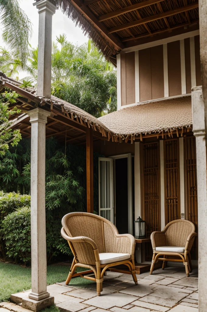 a rattan chair that looked damaged and worn was leaning against a pillar under the house