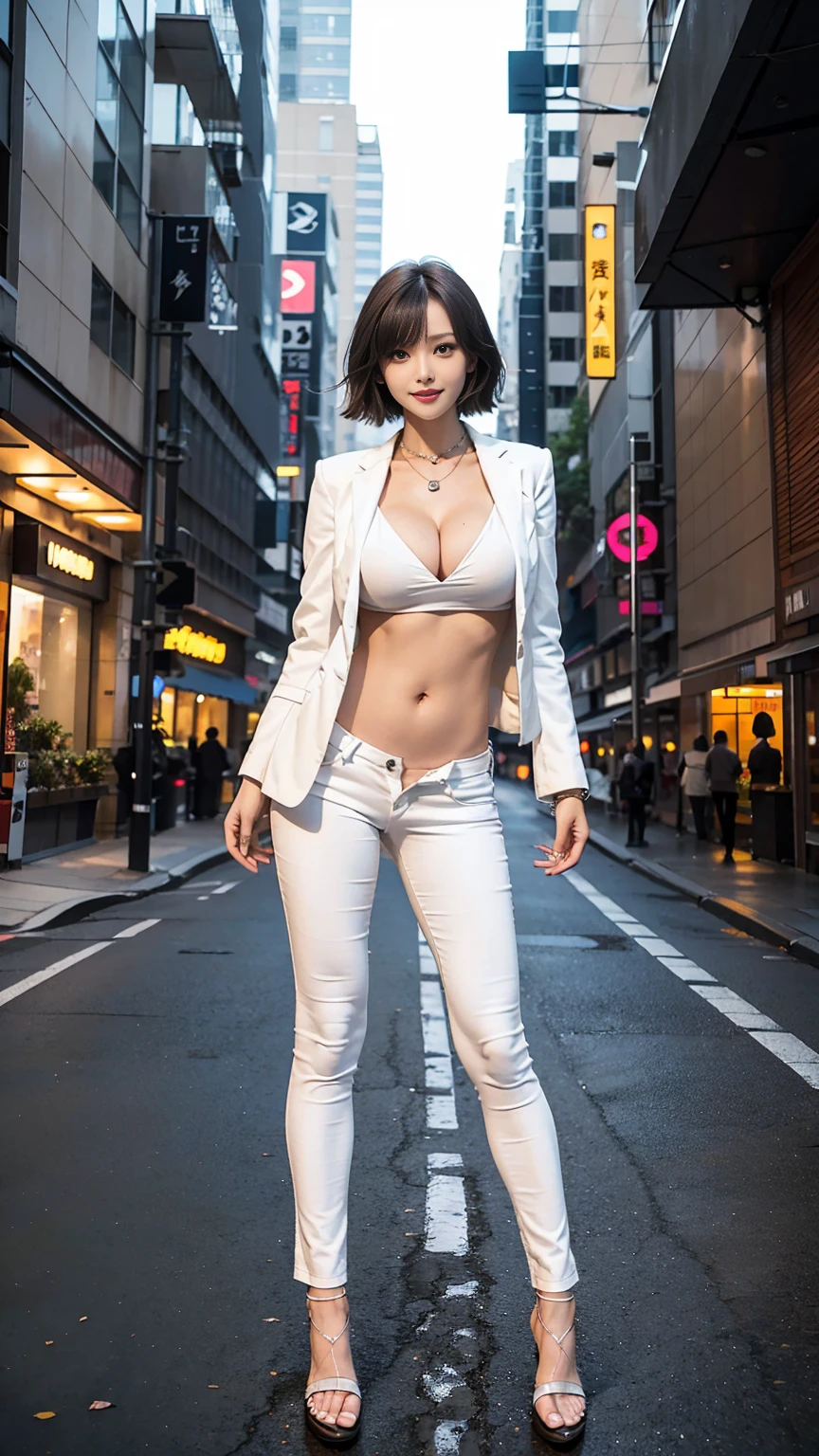 (Best Quality, Masterpiece, Photo realistic, Ultra Detailed, ultra high res, raw), (1girl), pretty, Japanese, smile, bangs, (suit jacket, skinny pants), (big breasts, cleavage:1.3), (naked:1.2), (long hair| medium hair| short hair), (LowriseXL, LowwaistXL, groin:1.3), (high heels, beautiful long legs, full body:1.2), city street, navel, necklace, (from below)