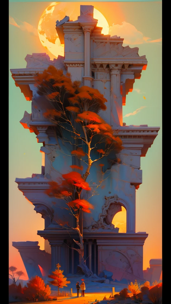 , late autumn ruins, High quality, Highly detailed, illustration, Dough, canvas, oil painting, Fantasy,