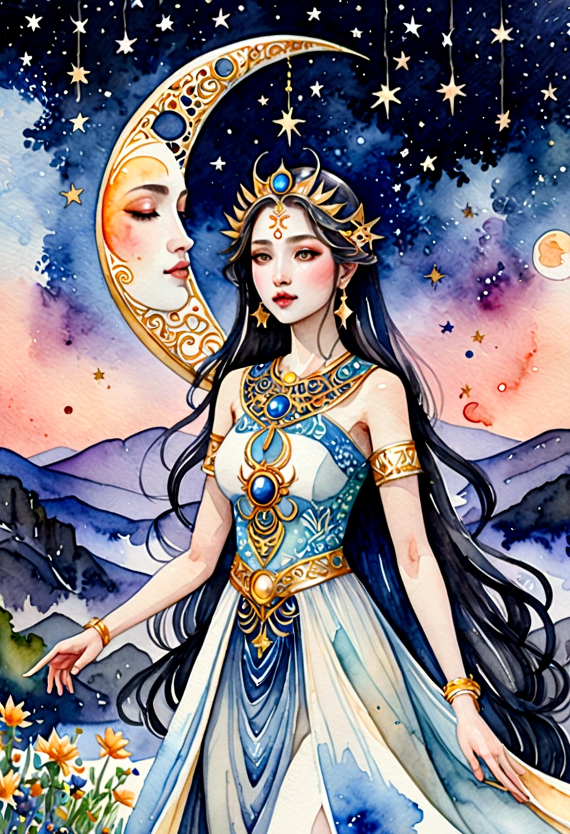 {Reliable full body shots、 {{sun & Moon Goddess}}, Light and dark hair, {{{Intricately detailed eyes}}}, Pale skin, A fair face, Elegantly dressed {God-themed} clothing, {{shooting star}}, Galaxy Background}, ({Watercolor style} masterpiece:1.5), (Highest quality:1.5), ((Ultra-high resolution:1.5)), (Detailed face, Fine grain, Mouth details, Detailed body, Fine hand, Detailed clothing, Detailed Background, Detailed landscape:1.5), (beautiful + beautiful + Harmonious:1.5), ({対称的で複雑なsunのディテール + Revealing details of a symmetrical moon}:1.5)