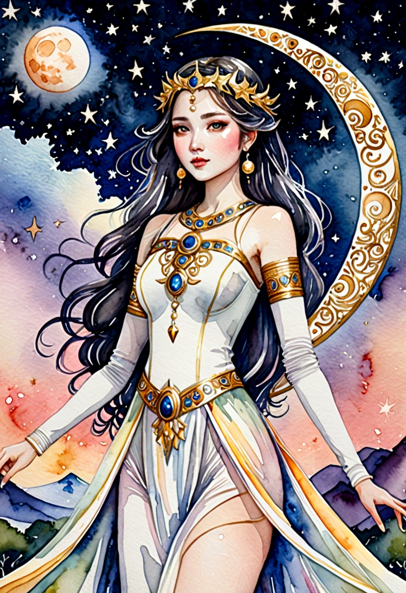 {Reliable full body shots、 {{sun & Moon Goddess}}, Light and dark hair, {{{Intricately detailed eyes}}}, Pale skin, A fair face, Elegantly dressed {God-themed} clothing, {{shooting star}}, Galaxy Background}, ({Watercolor style} masterpiece:1.5), (Highest quality:1.5), ((Ultra-high resolution:1.5)), (Detailed face, Fine grain, Mouth details, Detailed body, Fine hand, Detailed clothing, Detailed Background, Detailed landscape:1.5), (beautiful + beautiful + Harmonious:1.5), ({対称的で複雑なsunのディテール + Revealing details of a symmetrical moon}:1.5)