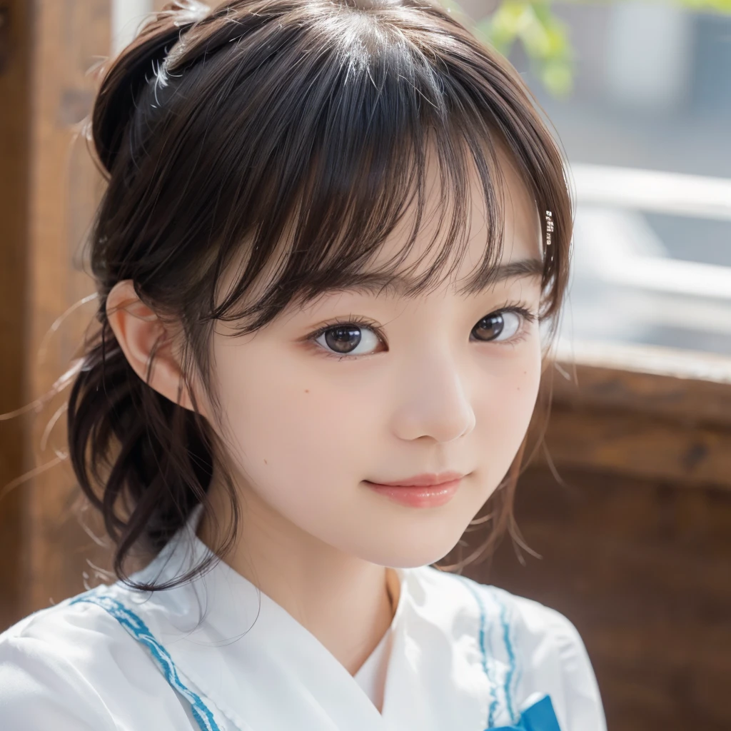 ((Cute 15 year old Japanese))、on the road、Highly detailed face、Pay attention to the details、double eyelid、Beautiful thin nose、Sharp focus:1.2、Beautiful woman:1.4、Cute Hairstyles、Pure white skin、Highest quality、masterpiece、Ultra-high resolution、(Realistic:1.4)、Highly detailed and professional lighting、nice smile、Japanese school girl uniform