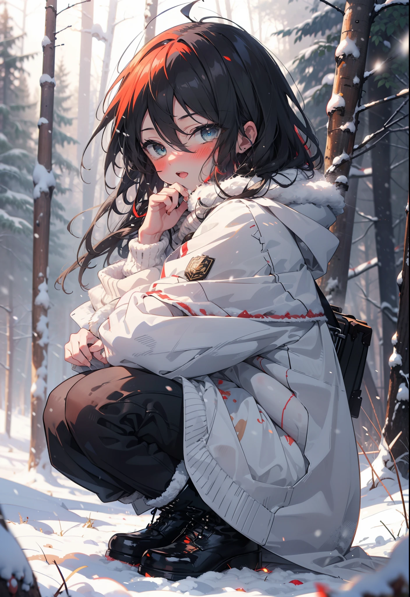 Shana,灼眼のShana,Long Hair, Redhead, Red eyes,Ahoge,,smile,blush,White Breath,
Open your mouth,snow,Ground bonfire, Outdoor, boots, snowing, From the side, wood, suitcase, Cape, Blurred, , forest, White handbag, nature, Squat, Mouth closed, Cape, winter, Written boundary depth, Black shoes, red Cape break looking at viewer, Upper Body, whole body, break Outdoor, forest, nature, break (masterpiece:1.2), Highest quality, High resolution, unity 8k wallpaper, (shape:0.8), (Beautiful and beautiful eyes:1.6), Highly detailed face, Perfect lighting, Highly detailed CG, (Perfect hands, Perfect Anatomy),