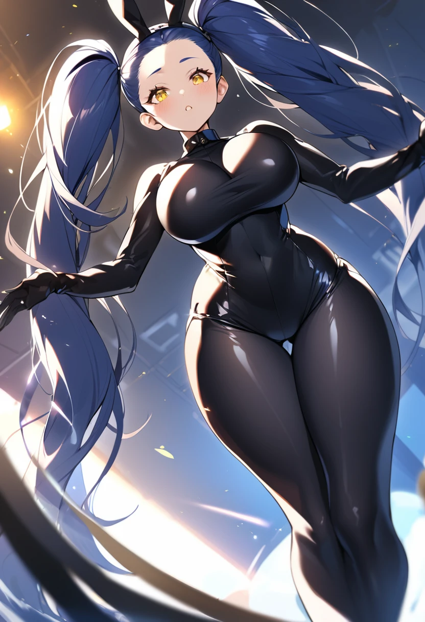 (One very tall woman,Navy Blue Hair,Her hairstyle is twin tails that expose her forehead., yellow eyes,Large Breasts,Dynamic Angle)All-black bunny outfit,