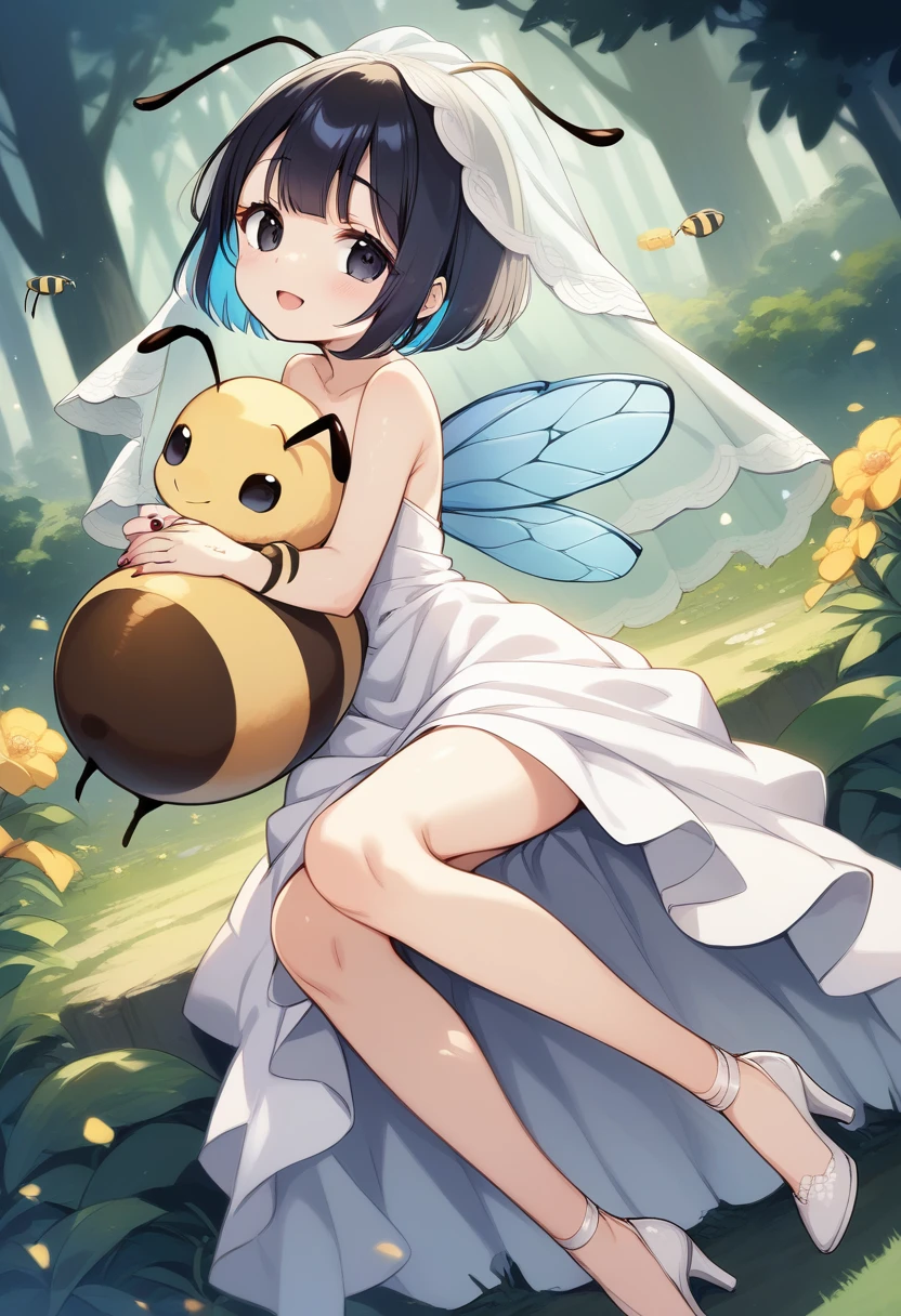 score_9, score_7_up, score_6_up, 1girl, source_cartoon, source_anime,breathtalking Scenery,watercolor,smooth soft skin, natural skin,rating_questionable
BREAK
(hornet girl:1.3), bee girl,(little female child:1.4), (loli:1.4),6 yo, kawaii,baby face,small breast, cute face,oily skin,beautiful eyes, detailed eyes,happy,
BREAK
(black bob cut:1.5),(yellow gradient hair:1.2),(yellow dip-dye hair:1.2),(black lob hair:1.2),ahoge,(nail_polish:1.1), black eyes,
BREAK
(bee antennae:1.3), (PVC material Extremely small bee wings:1.1), (invisible bee wings:1.1),
BREAK
(empire-Line wedding dress:1.3),(silk veil:1.3),high heel,see-through silk cape,(blush:0.8),pierce,
BREAK
incoming hug,open arms for viewer,In a secluded setting, surrounded by a dense forest, the bog lay hidden like a secret gem, its misty surface whispering tales of ancient times,dynamicangle,