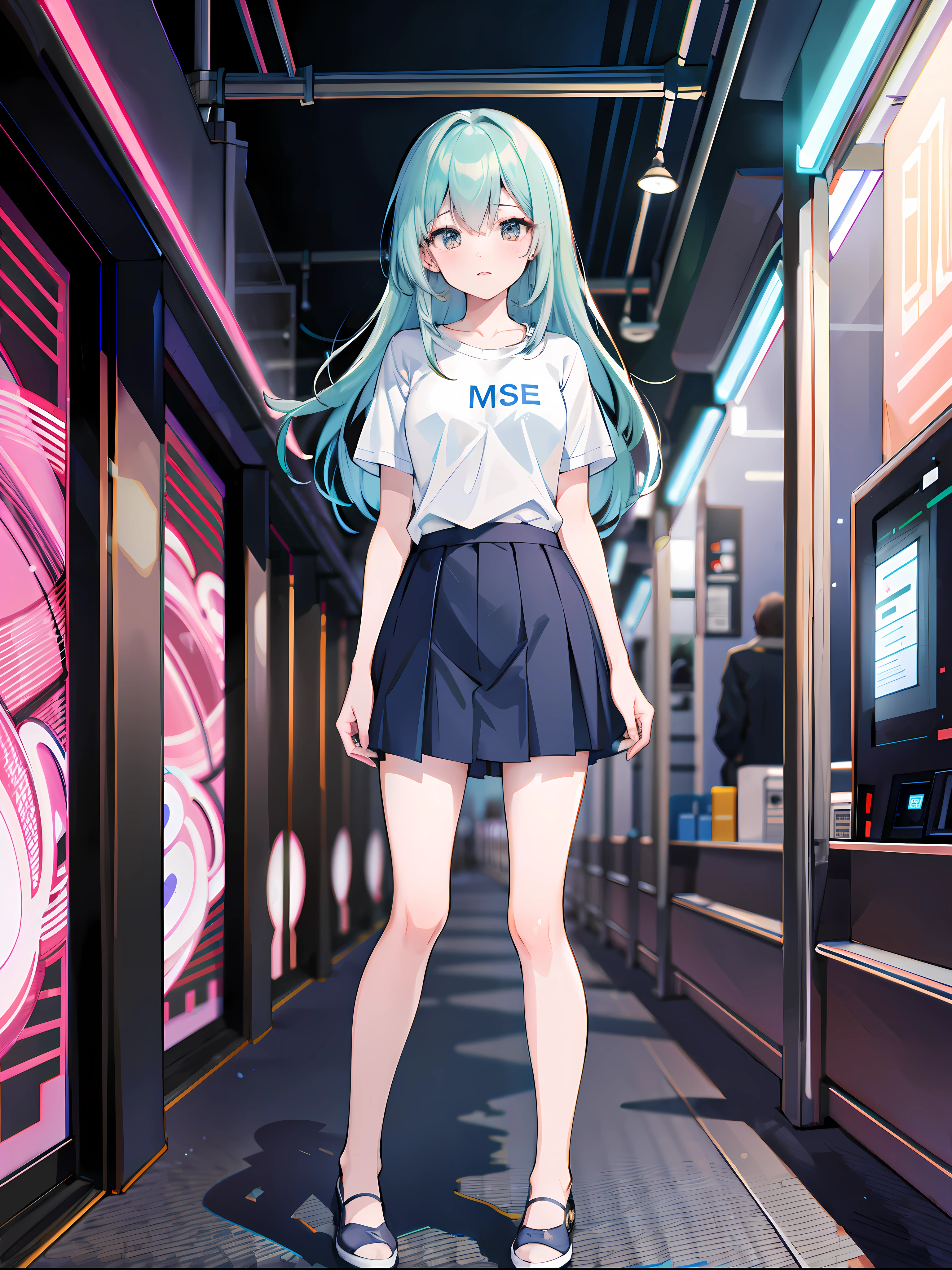 (masterpiece:1.2), best quality, highres, original, (extremely detailed:1.2), ultra-detailed, wallpaper, perfect lighting,(extremely detailed CG:1.2), 8k, anime illustration, 1boy, cross-dressing, femboy, long hair, light-blue hair, (cyberpunk fashion, short-sleeved T-shirt, knee-length skirt, lace hemline, delicate clothes:1.2),looking at viewer, frontal, futuristic city background, sci-fi city, (anatomically correct: 1.3)