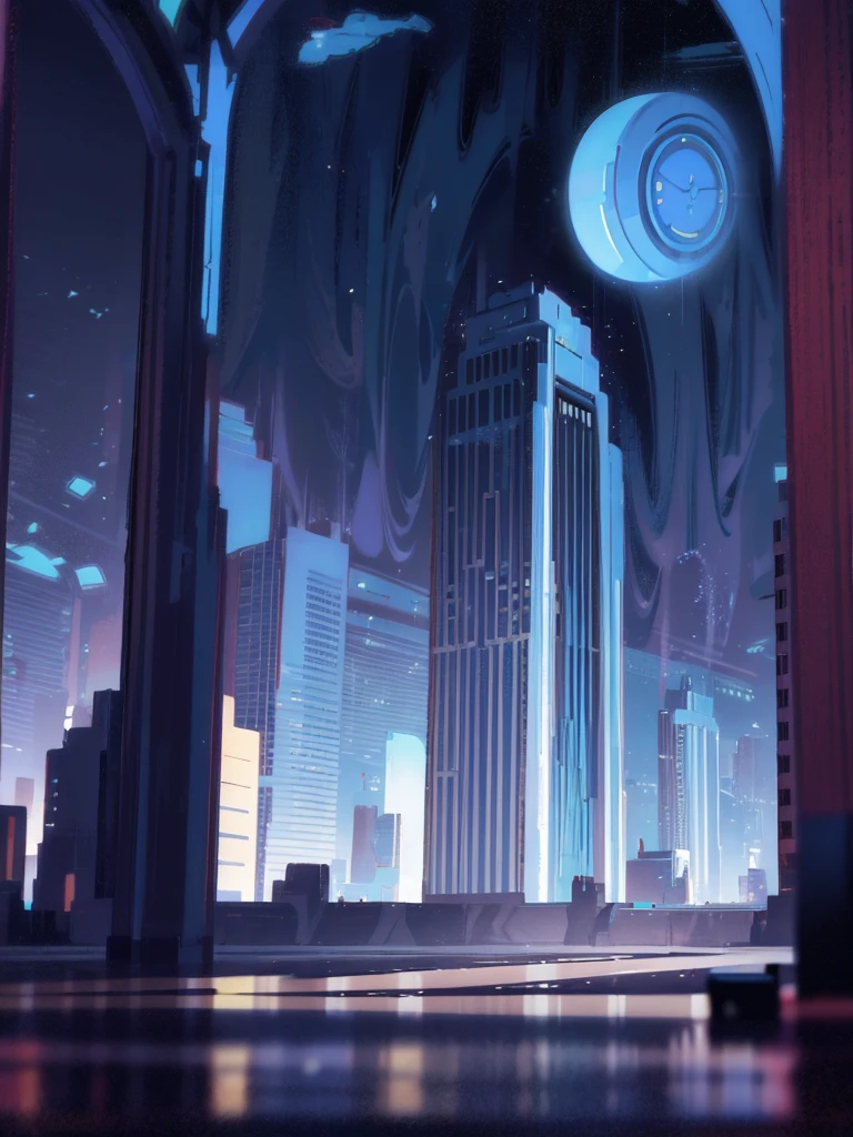 inside a luxury office building, tall columns, vaulted ceilings, spacious hall, interior of the future, space academy interior, behind the high arched windows there is a city with skyscrapers, spaceships fly across the sky, frame from the floor, illustration, white-gray shades, (((people are missing))), illustration для фона, even lighter
