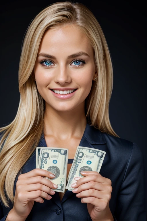 Very attractive blonde woman, doctor. Dark blue eyes, facing the camera. Smiling. Black Background. Holding dollar bills in her hands.