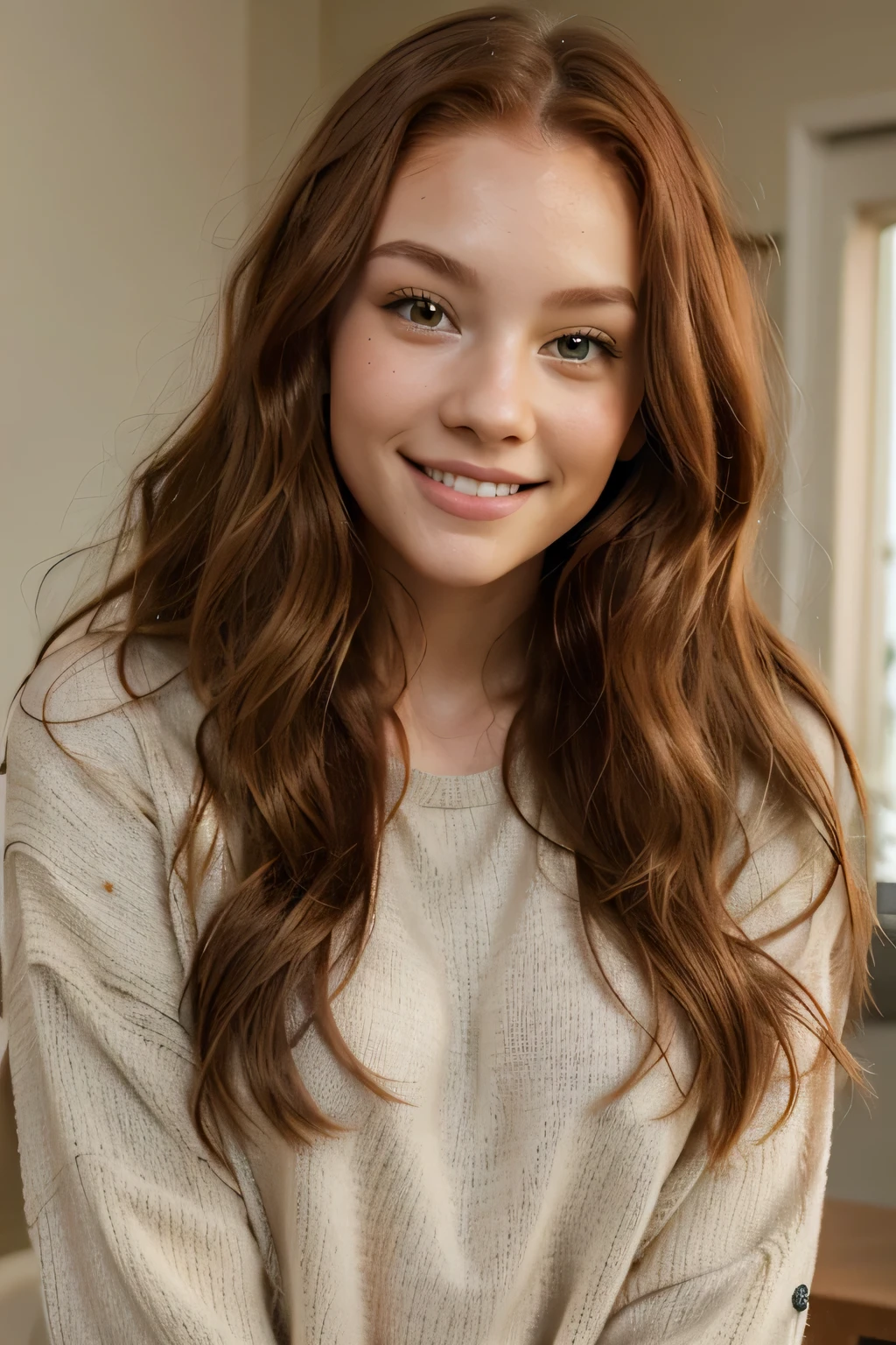  A young woman with long, wavy red hair, green eyes, light skin with a slight blush. She is dressed in modern casual clothes, such as a light sweater or t-shirt. She has a friendly and warm expression, lightly smiling. The background is neutral pastel.