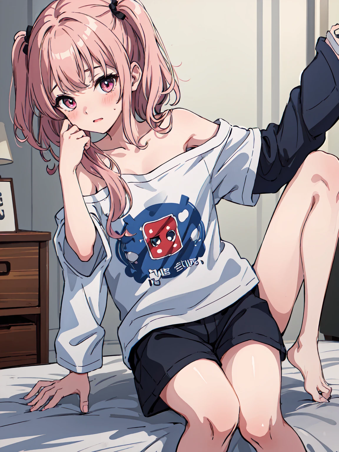 (masterpiece, Highest quality), One girl, Oversized shirt, off_shoulder, Blushing, Embarrassing, Innocent, Bedroom 