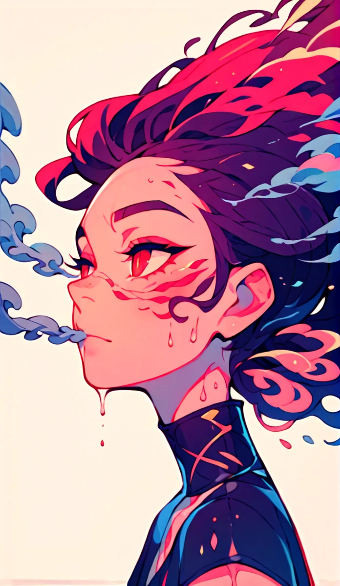 did vaporwave style, solo, 1girl, female, water, white background, red eyes, simple background, from side, glitching, smoke surrounding her, in tatters, score_9, score_8_up, score_7_up, score_6_up, score_5_up, score_4_up
