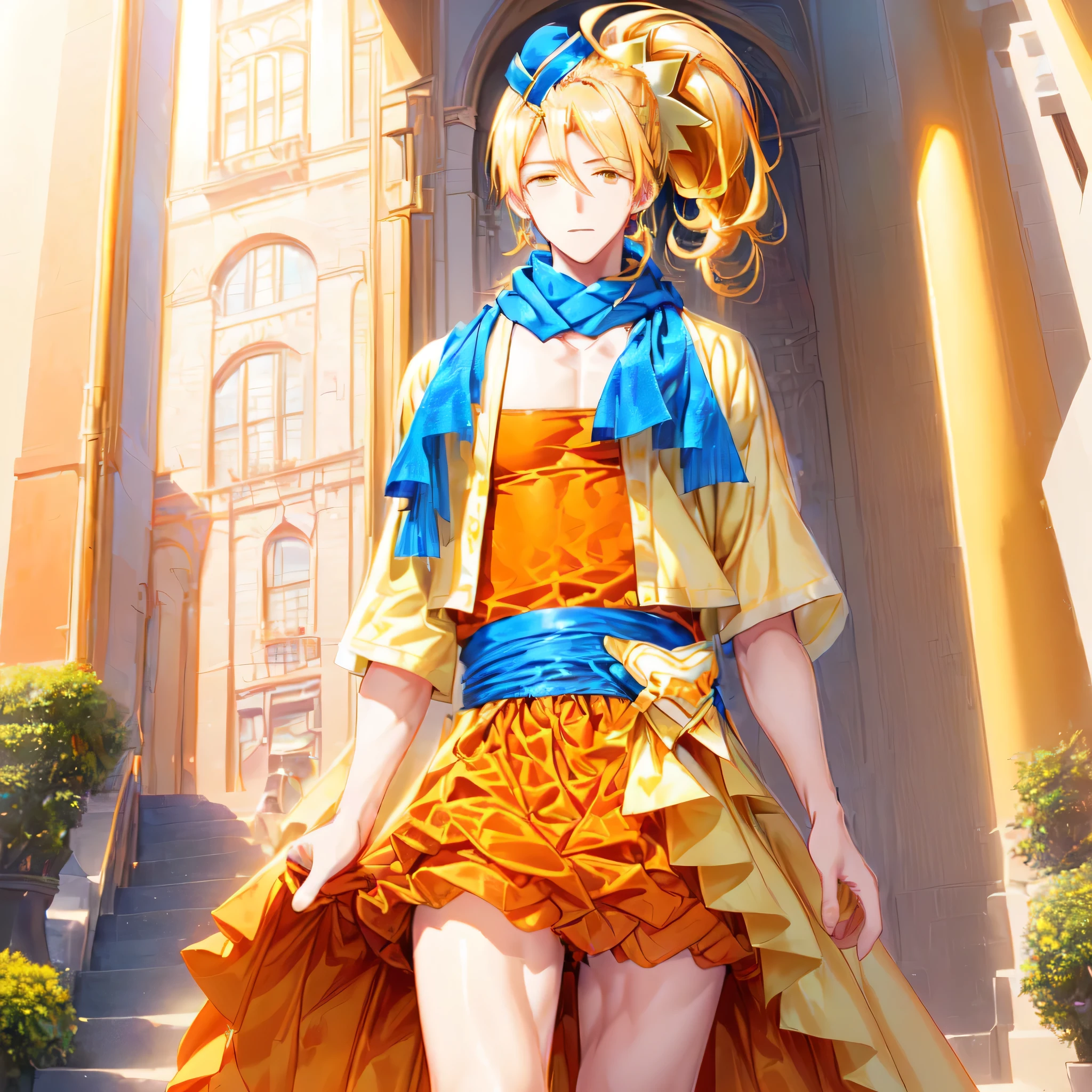 Image of a male character with long blonde hair and an orange dress、Golden Aura、solo、Permed ponytail、High Ponytail、Yellow eyed boy、Official Art、Hair betWeen the eyes、yami cool、Dress Up Darling Anime、Blue mini hat、Yellow cardigan、Official character art、High quality artwork、Blue scarf、We、Orange mini skirt、A boy is standing、Anime Best Boy、Orange High Heels、Official Artwork、Bare Arms、Bare thighs、Bare legs、Cool anime boys、Also、looking at vieWer、Cowboy Shot、mini skirt arrange costume、perfect body、perfect hands、perfect arms、perfect legs、(male body:1.3)、
