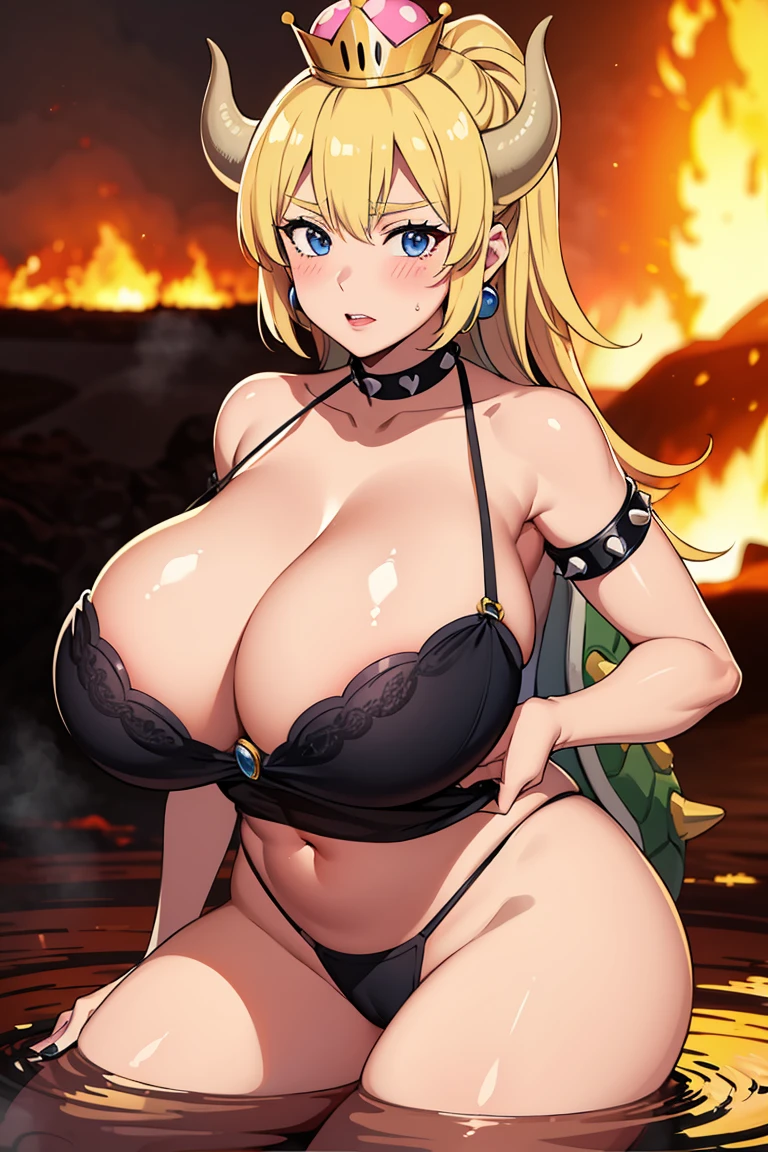 best quality, high resolution, large breasts, blonde hair, blush, embarrassed, cowboy shot, looking at viewer, bowsette, pink lip, (into the volcano), (bathing in lava), sexy legs, black lingerie, (((gigantic breasts)))