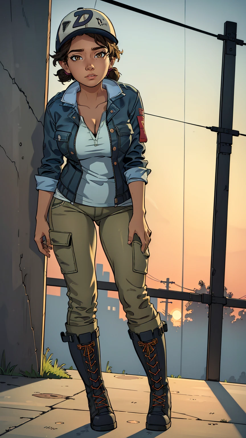 ((masterpiece, best quality)),(complex lighting) ,solo,(((1girl))) ,clementine, light skin,light-skinned female, baseball cap, green cargo pants, brown eyes, tight pants, combat boots, shirt, short hair, one short ponytail, open denim jacket, huge butt, thicc butt , (((8k))), (((full body))), (((bent over))), (((looking at the viewer))), (((view from in front of her))), big breasts