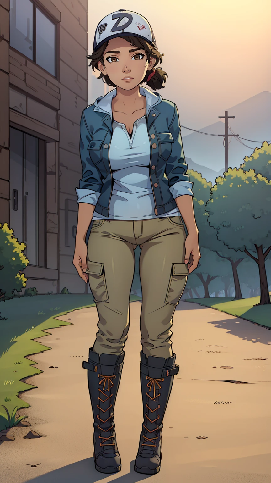 ((masterpiece, best quality)),(complex lighting) ,solo,(((1girl))) ,clementine, light skin,light-skinned female, baseball cap, green cargo pants, brown eyes, tight pants, combat boots, shirt, short hair, one short ponytail, open denim jacket, huge butt, thicc butt , (((8k))), (((full body))), (((bent over))), (((looking at the viewer))), (((view from in front of her))), big breasts
