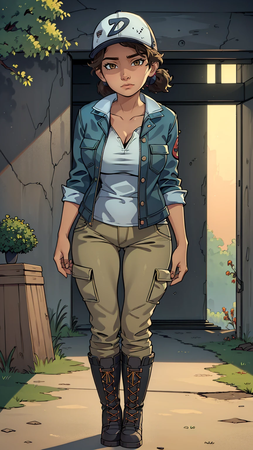 ((masterpiece, best quality)),(complex lighting) ,solo,(((1girl))) ,clementine, light skin,light-skinned female, baseball cap, green cargo pants, brown eyes, tight pants, combat boots, shirt, short hair, one short ponytail, open denim jacket, huge butt, thicc butt , (((8k))), (((full body))), ((())), (((looking at the viewer))), (((view from in front of her))), big breasts