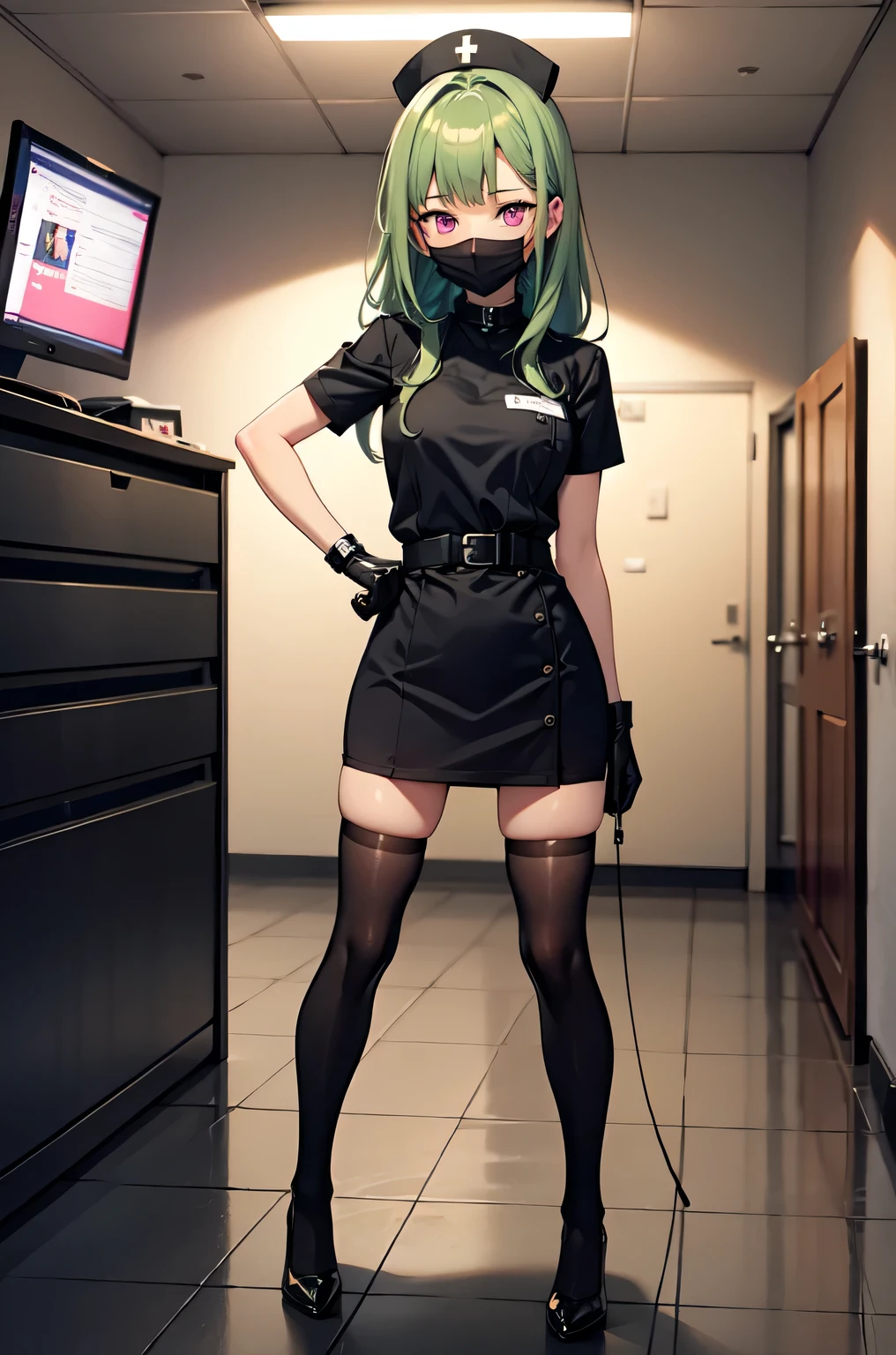 black nurse, 1woman, solo, black nurse cap, black nurse uniform, ((black legwear, zettai ryouiki)), black elbow gloves, forehead, long hair, green hair, pink eyes, ((black surgical mask, covered nose)), standing, ((surgery room)), sharp outline, short sleeves, mature female, 35 years old, best quality, masterpiece