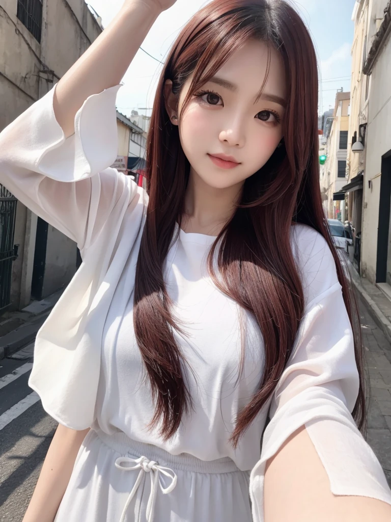  Korean with long red hair, white outfit, Bblack hair, Selfie