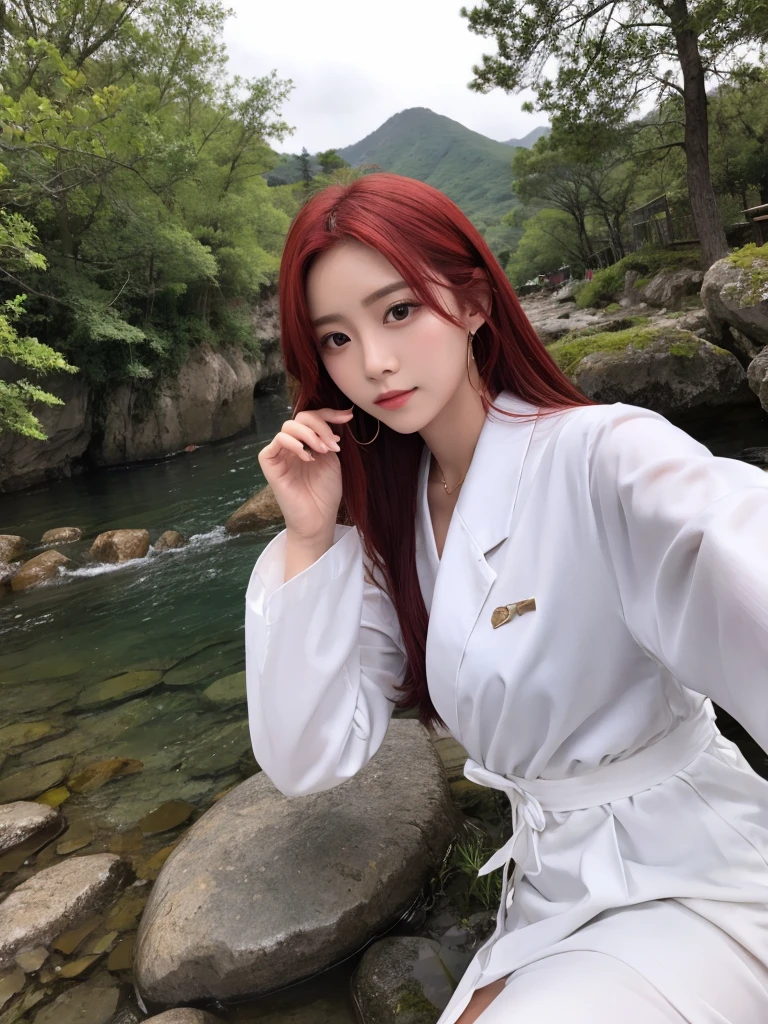 Korean with long red hair, white outfit, Bblack hair, Selfie