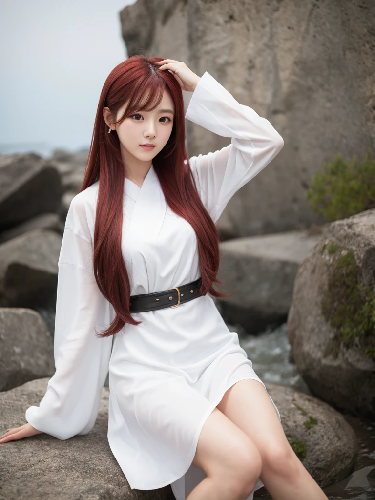 Korean with long red hair, white outfit, Bblack hair, Selfie