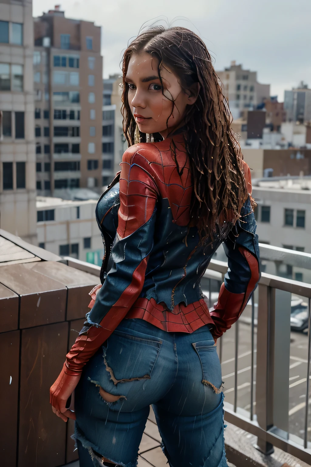 woman wearing a spider-man cosplay, view from back , perfect ass, beautiful ass, roof top, top of a building, medium-high brest ,full body picture, photo de tout le coprs, haut déchire, bas déchiré, vêtement dégradé , vêtement déchiré, combinaison déchirée, jupe spiderman déchirée, skin texture, in a roof tot, new york, on a roof top ,a striking 22-year-old American model with light brown hair, skin texture mouth, skin texture lips , medium-high brest, wavy hair, 172 height, full body photo, mix face veronika bielik, danusia draghici does, cute faces, russian girlfriend, blonde and attractive features, attractive girl, looks into the camera, symmetrical eyes, symmetrical face, photorealistic, photography, path tracing, specular lighting, volumetric.. looks into the camera, symmetrical eyes, symmetrical face, photorealistic, photography, path tracing, specular lighting, volumetric , full body picture, full body shoot, perfect hands, position accroupie ,Crouch、Marvel Comics Movie Affiche, beautiful, films sur Spiderman, sexly, tout le corps, porte une jupe, jupe déchirée, premiere date, affiche, Belly Button, New York, she wears a torn Spiderman costume, the suit is torn, porter une jupe, red and black color scheme, vibrant, head of artwork、la plus haute qualité、super detailed、very detailed、Beautiful detailed shine、Une haute résolution、cinematic, tear, teardrop,(Torn clothes:1.5), (wet clothes:1.4), bare shoulders, real rain, wet hair, Belly Button, Exposer la peau, beautiful ass, perfect ass, 