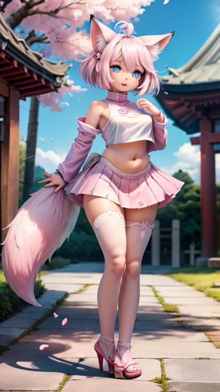 Best quality, hyper-high detail, very high res, Extremely detailed CG, Realism，absurd res，fox ear，Huge colorful fox tail， D cup breasts 8K,Colorful, A 20-year-old nine-tailed fox girl,japanaese girl，Light turtleneck shirt，Detailed clothing patterns，tiese，(full body:1.3),Solo,chubby  body shape,(long leges:1.3)， Faraway view，high-heels，(Blue eyes), (white  hair to shoulders), Extremely long white diamond hair floating, blueribbon, Beautiful eyes,(Pink clothes:1.3),Wet clothes, Short pink skirt, detailed and beatiful face and eyes, ((Shiny skin)),white wavy hair, (detailed and beautiful shiny clothes, Temple，holy rays，japan temple，the cherry trees，Cherry blossoms flying，(dynamicposes:1.3)，low perspective，