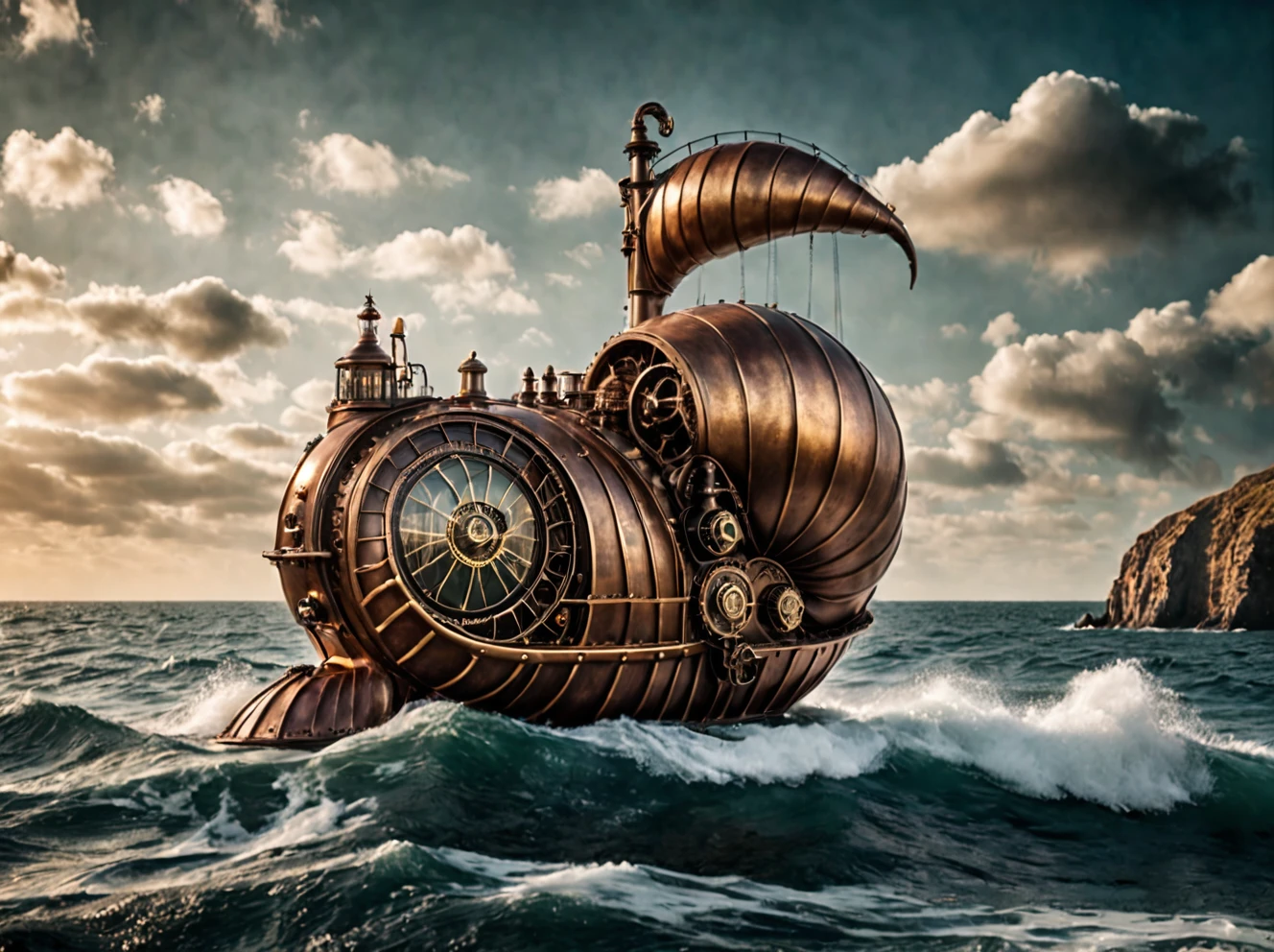 photo of the sea, outdoors, realistic scenery, steampunk nautilus-style. very wide shot, character photo landscape, film, professional, 4k
