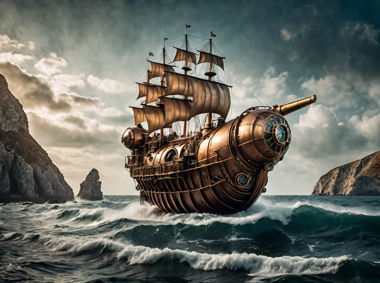 photo of the sea, outdoors, realistic scenery, steampunk nautilus-style. very wide shot, character photo landscape, film, professional, 4k