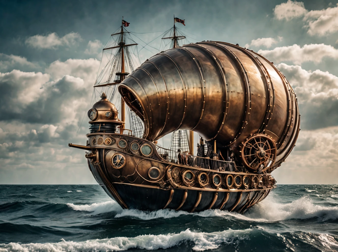 photo of the sea, outdoors, realistic scenery, steampunk nautilus-style. very wide shot, character photo landscape, film, professional, 4k