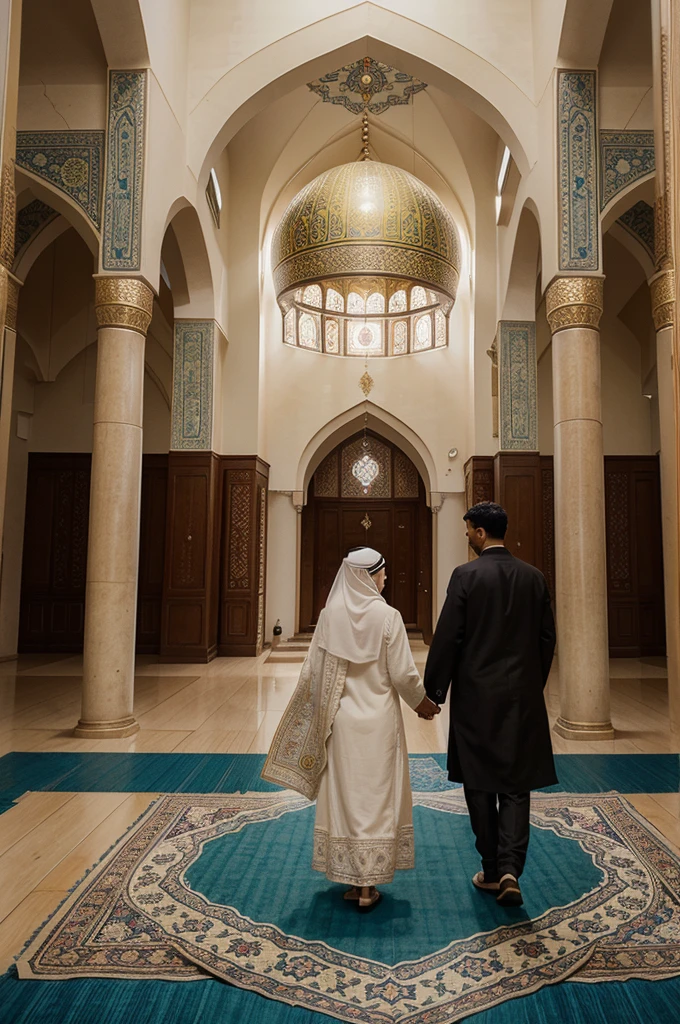 Illustration of a Muslim couple where the man is marrying a widow, surrounded by symbols of Islamic worship such as a mosque, prayer mats, and Quran. The image should convey a sense of broad spiritual opportunities, kindness, and devotion. The background should include elements that signify growth and support, such as a path leading to a bright future or a radiant sky, symbolizing the vastness of their spiritual journey together."