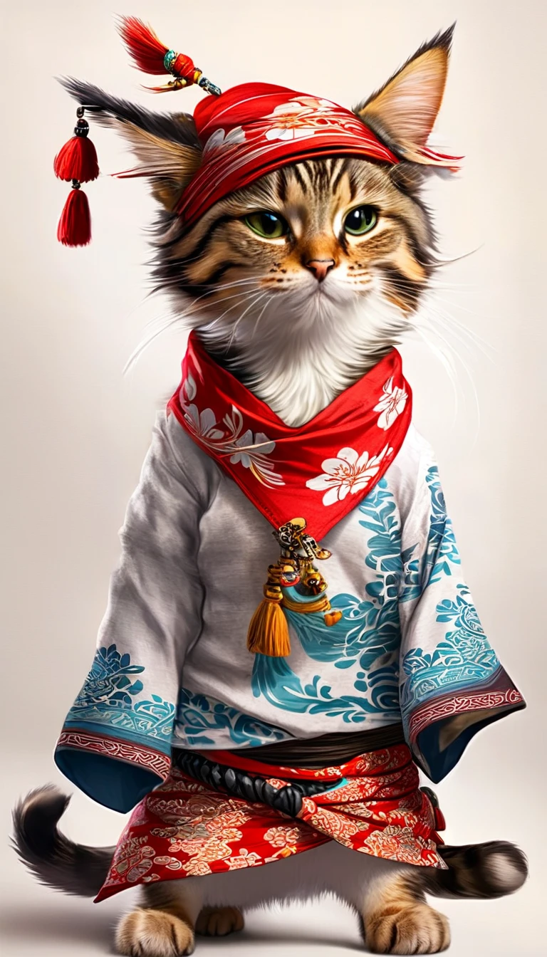 araffe cat wearing a bandana and a hat and a shirt, cat design, anthropomorphic cat, cat furry, anthropomorphic female cat, awesome cat, fluffy cat t - shirt design, samurai cat, cute 3 d render, fursona wearing stylish clothes, cat. digital painting, looking heckin cool and stylish, in style of ultra realistic
