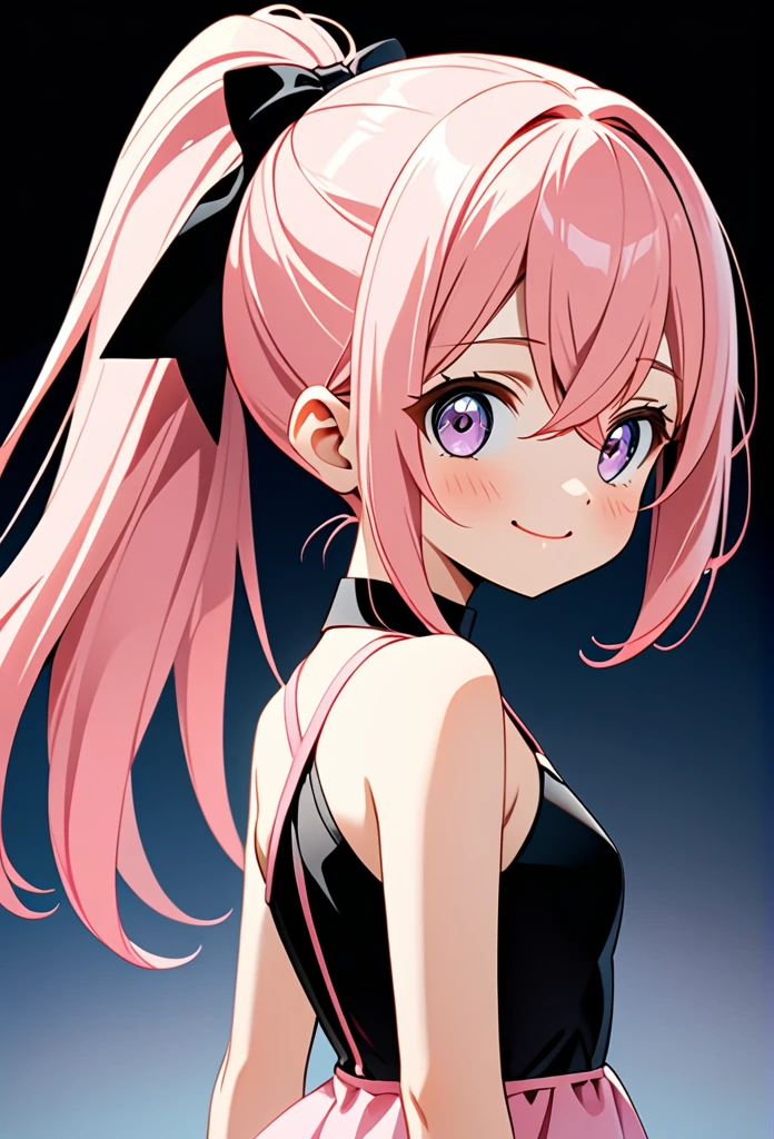 (((masterpiece)))(((Highest quality)))(((8K)))(((4K)))One Little Girl、10 years old、Straight Hair、voluminous ponytail(Pink Hair)Pink high ponytail、Ribbon on head、Crossed bangs、Light purple eyes、Squint your eyes、((Smile with your mouth closed))、(((Cute Mini Dresses)))、Small breasts, from behind、turn around、Upper Body、Anime Style