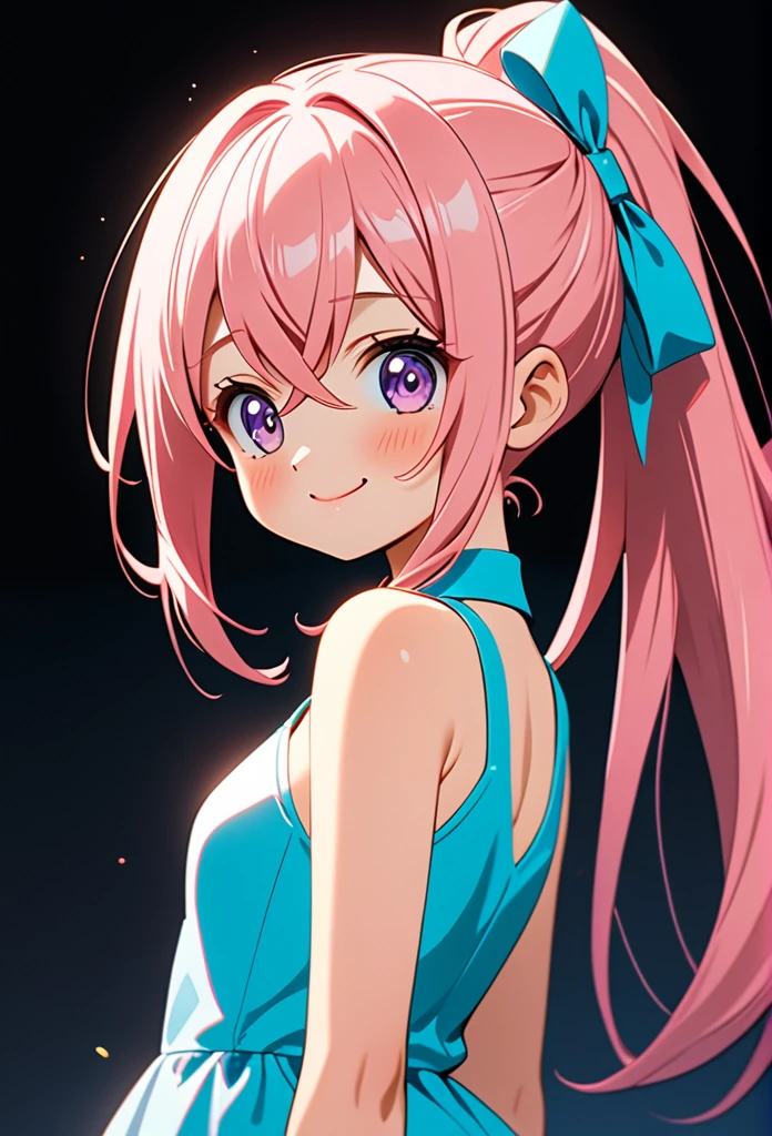 (((masterpiece)))(((Highest quality)))(((8K)))(((4K)))One Little Girl、10 years old、Straight Hair、voluminous ponytail(Pink Hair)Pink high ponytail、Ribbon on head、Crossed bangs、Light purple eyes、Squint your eyes、((Smile with your mouth closed))、(((Cute Mini Dresses)))、Small breasts, from behind、turn around、Upper Body、Anime Style