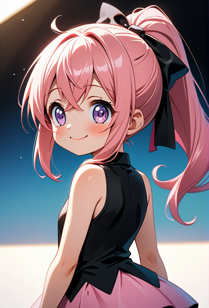 (((masterpiece)))(((Highest quality)))(((8K)))(((4K)))One Little Girl、10 years old、Straight Hair、voluminous ponytail(Pink Hair)Pink high ponytail、Ribbon on head、Crossed bangs、Light purple eyes、Squint your eyes、((Smile with your mouth closed))、(((Cute Mini Dresses)))、Small breasts, from behind、turn around、Upper Body、Anime Style