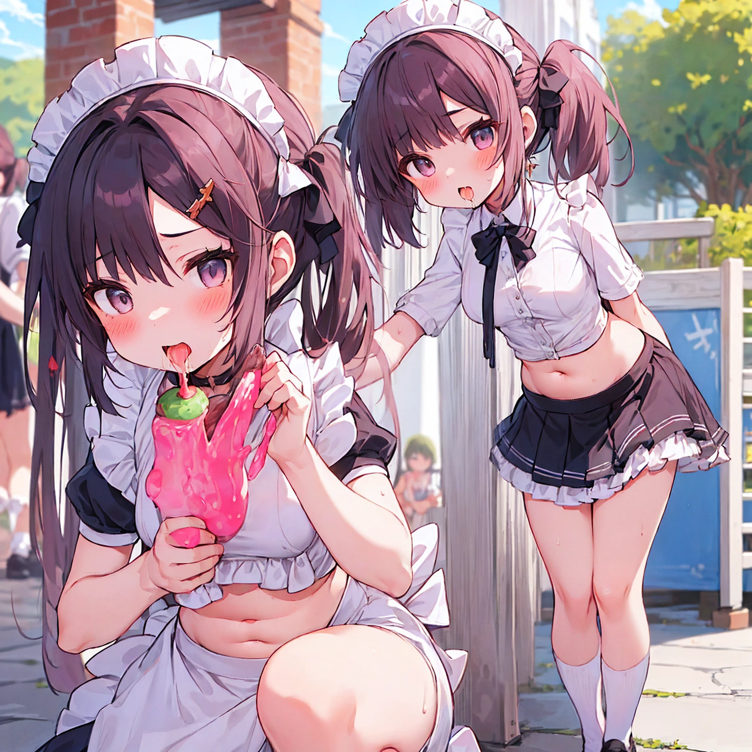 ((日本人のgirl1人、aldult)), ( small)), Black Hair、Brown Hair、masterpiece, 最high quality, high quality, Highly detailed 8K wallpapers,amusement park、Pink Hair、Tropical night、Extreme heat、Heavy breathing、breathe、Sweat、Head ornament、cute girls、Cute Maid、Bold Pose、(Shut your mouth.、Secrete saliva)、Big nipples、Wait for orders、No fixes、Tingling in the mouth、(girl、classmate、Squid Belly、Wearing pink)、（No underwear）、Beautiful flat breasts、（激しいSweat）、(Saliva volume:1.4）、(Elementary school girl、Cute belly、Prephysiology、Abdominal distention、Spreading pussy、Squirting）、（stroking the stomach:2）、(A comfortable face、Beautiful Face）、（serving）、（Trembling in the lower back:2）、Life-size、In front of the camera、Walk with your feet together