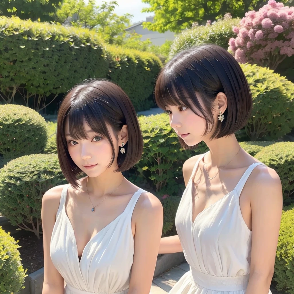 A hydrangea garden shrouded in a fantastic morning mist、Illustration of a Japanese woman strolling、Short black hair、Her  features resemble those of Tsubaki Sannomiya、Coquettish feeling、A gentle expression with a touch of sadness、Small earrings and a matching necklace、Sleeveless white dress、Her hair and skirt are fluttering in the wind
