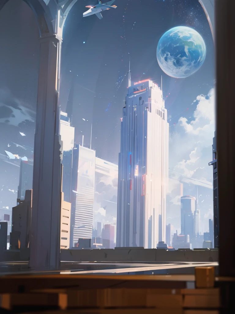 inside a luxury office building, tall columns, vaulted ceilings, spacious hall, interior of the future, space academy interior, behind the high arched windows there is a city with skyscrapers, spaceships fly across the sky, Light Image, frame from the floor, illustration, white-gray shades, (((people are missing))), illustration для фона, even lighter
