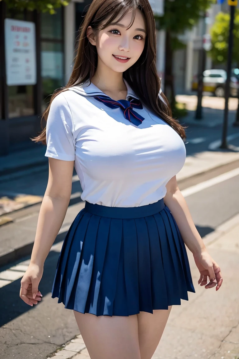 (Best quality,masterpiece,ultra detailed,8K,RAW photo,realistic,high resolution:1.2),(Pretty Japanese girl),(Super huge tits:1.4),(light brown hair),(school sailor uniform,pleated skirt:1.4),(voluptuous:1.5),(shoulder length),(light smile),(chubby:1.5)