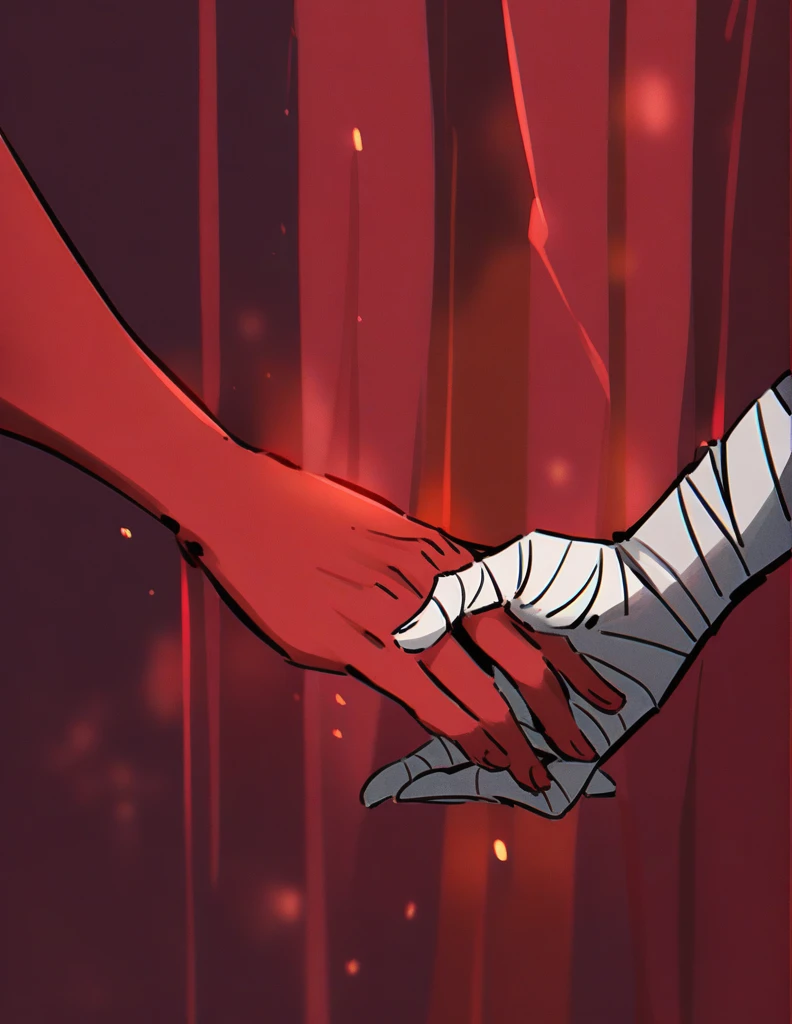 male bandaged hand reaching out to hold a female hand on a red forest background