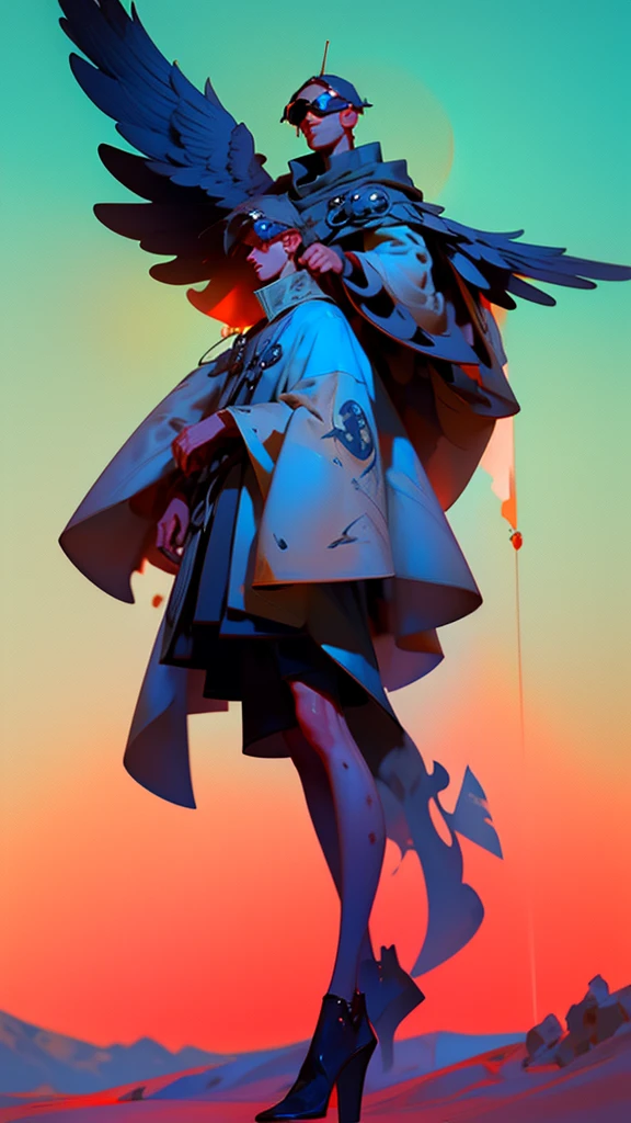 A man wrapped in a long dusy dull yellow robe wearing grey nonreflective goggles he holds a extreme long spire sword rifle combined weapon at an angle pointing down as he rides, rides a Morax, like a blue heron with a long neck and longer legs a large flightless bird 3 times the size of a man it blue-grey in color with an extreme long pointed narrow bill both the man and bird have trible markings, accross near the horizen, in a mostly barren landscape on a far distant planet, one large ringed plannet hangs in the dusty sun baked sky, 64k resolution,Masterpiece