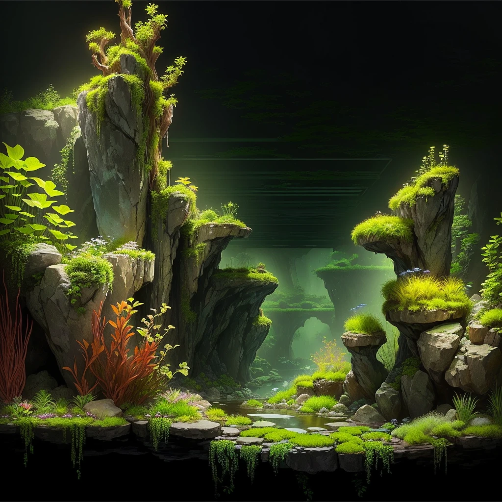 there is an aquarium with plants and rocks in it, Iwagumi Waterscape, aquatic plants, overgrown with aquatic plants, aquatic plants, detailed scenery - width 672, theophanic atmospheric nursery, river with low plants, beautiful environment, moss, ecossistema, moss landscape, underwater plants, Lush Environment, incredible depth. black background with slight variation towards blue.