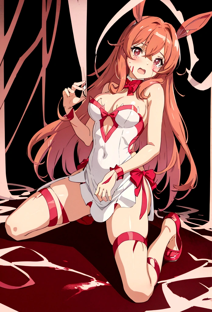serena,solo girl,Kneeling,blood is flowing from the mouth,painful face,Torn Costume,
