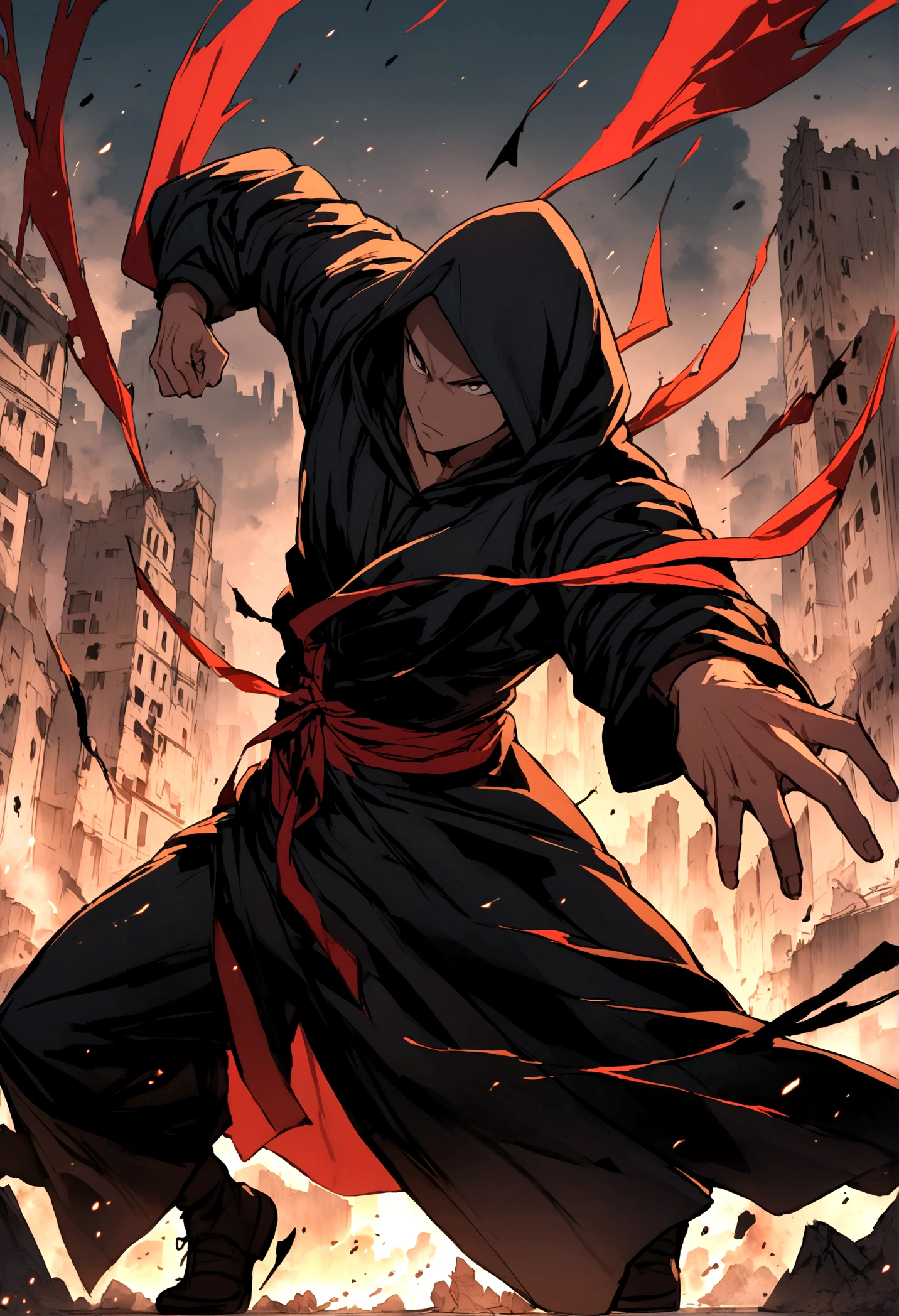 hooded guy wearing black robe facing a destroyed city as background, dynamic pose, determination