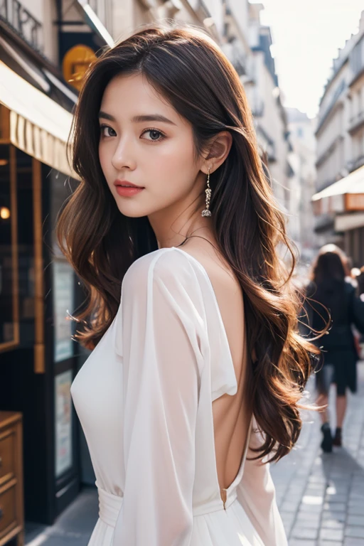highest quality、4K、Beautiful lady、Perfect Face、Perfect Style、model、perfect body、Sunburn、beautiful lady、mature、long curly layer brown hair、Swept-back hair、full body, sexy 、charming、healthy、in Paris