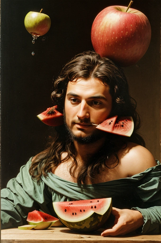 A watermelon falling on the head of sir Issac Newton while eating an apple