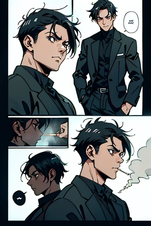  Guy with short black hair smoking and walking, side veiw, manga page with panels and dialogue    