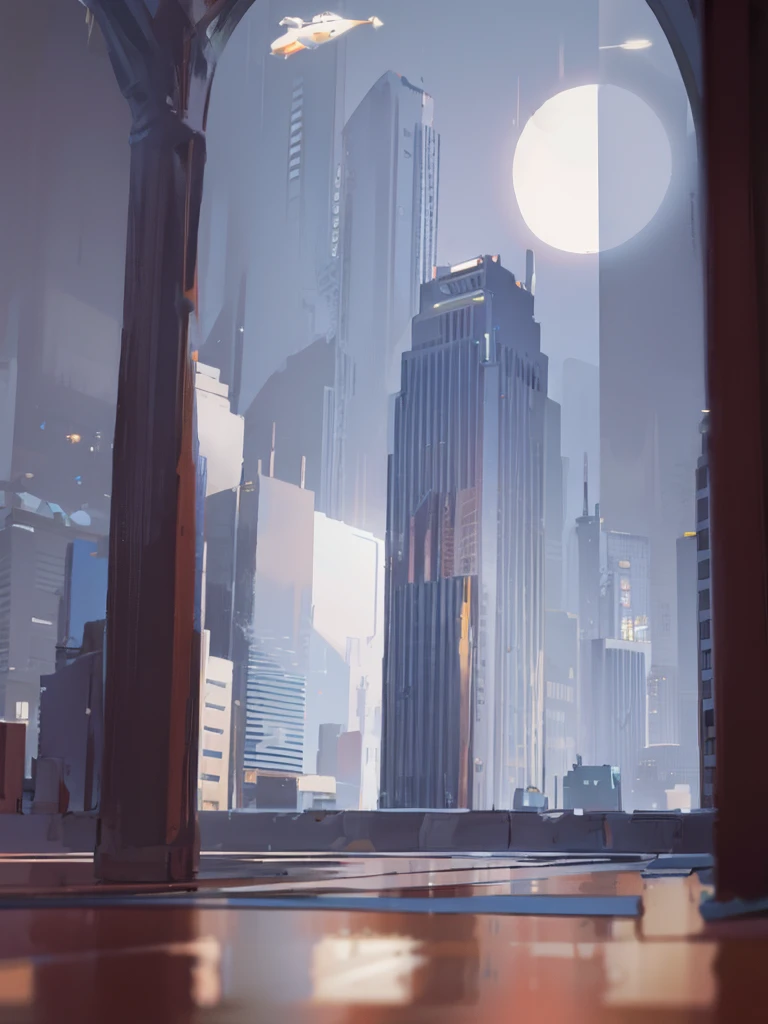 inside a luxury office building, tall columns, vaulted ceilings, spacious hall, interior of the future, space academy interior, behind the high arched windows there is a city with skyscrapers, spaceships fly across the sky, frame from the floor, illustration, white-gray shades, (((people are missing))), illustration для фона, even lighter
